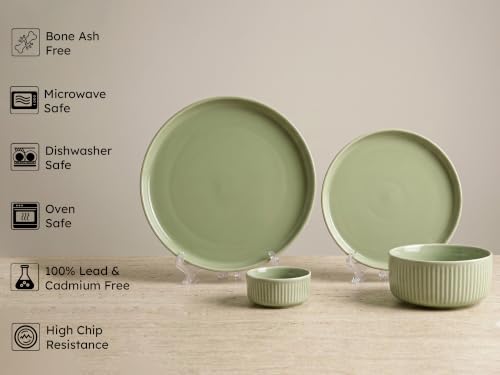 Image of Bodhi House 20-Piece Ribbed Porcelain Dinnerware Set | Quarter Plates, Katori & Serving Bowls, Chip Resistant, Lightweight, Microwave & Dishwasher Safe Crockery Set, Tea Green