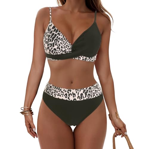 Bikini Colorido de Dos Piezas para Mujer: Top de Escote Cuadrado y Braguita Cintura Alta para Playa y Piscina. (Khaki, M)