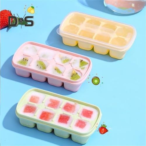 Kit 3 Mini Formas de Gelo Fundo de Silicone Tampa de Plástico Empilhavel Papinha 8 Compartimentos Ca