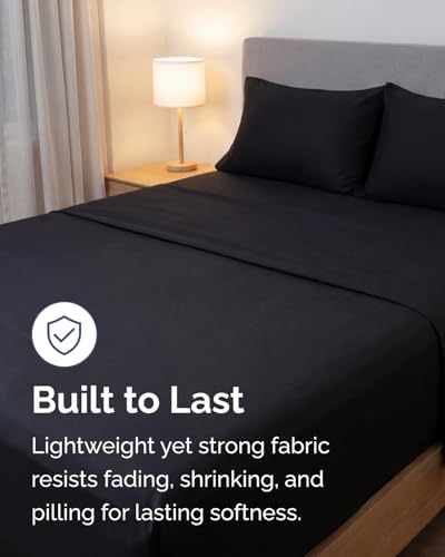 Image of Lightweight 4 Piece Bed Sheet Set King Size - Cooling Sheets for Hot Sleepers - Soft, Breathable Bedding Set w / 8-16 Inch Deep Pockets - 1 Flat & 1 Fitted & 2 Pillowcases - Wrinkle Resistant - Black