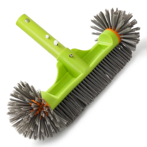 Pool Brush Head with Round Ends, 12.5'' High-Efficiency Pool Brush for Cleaning Pool Walls?Floors Steps & Small Stains in Corners?Premium Nylon Bristles Pool Brush with EZ Clip (Green)