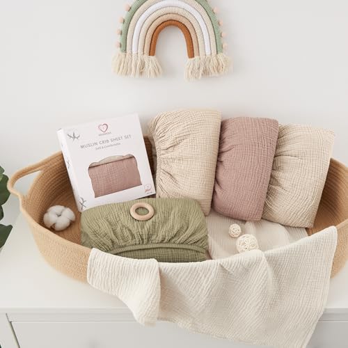 Image of Bearmoss Muslin Mini Crib Sheets for Pack N Play Mattress - 100% Cotton - 38 inchx26 inch Soft Breathable Playard Baby Crib Sheets Neutral for Boys Girls - 2 Pack (Oat Latte)
