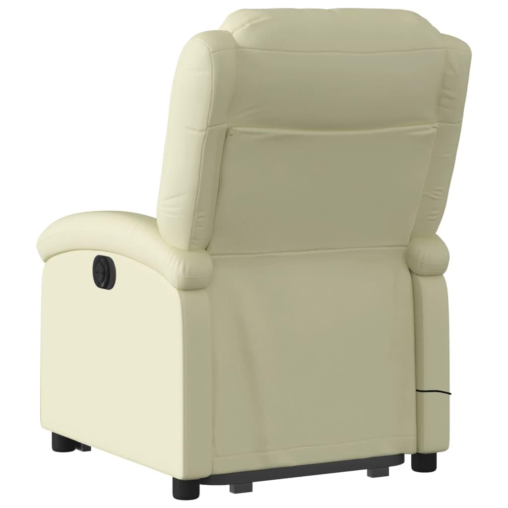 Massagesessel elektrisch mit Aufstehhilfe in Creme Echtleder, 6-Punkt Vibrationsmassage, verstellbare Rückenlehne bis 135 Grad, mit Holz-Metall-Gestell, Seitentasche für Fernbedienung