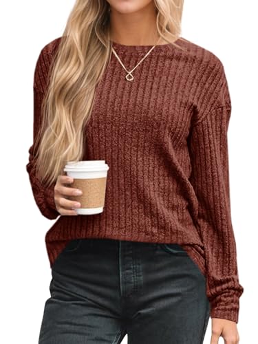 Cicy Bell Damen Pullover Leichter Rundhals Langarmshirt,Weinrot,L