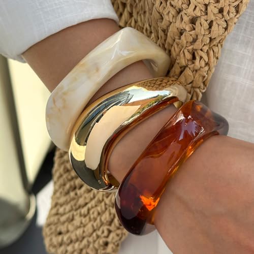 AVOGIR Chunky Acrylic Bangle Bracelet for Women Colorful Resin Bracelets Trendy Stack Statement Cuff Jewelry Gift (Gold 02) - image 2