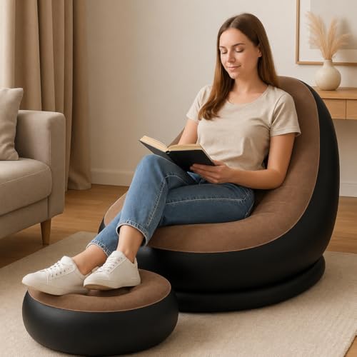 Image of Inflatable Lounge Chair for Adults with Ottoman, Foldable Air Sofa Couch, Portable Blow Up Chair for Living Room Bedroom, Comfortable Indoor Seating, 150 kg Capacity (Coffee)