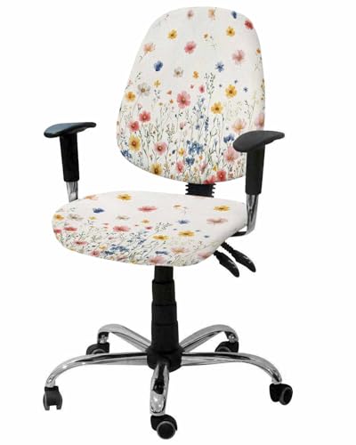 Colorful Flowers 2 Pieces Computer Office Chair Covers Set,Stretchable Desk Rotating Chair Seat Cushion Slipcover Back Covers,Watercolor Botanical Spring Floral Slipcover Back Cover,Protectors Cover