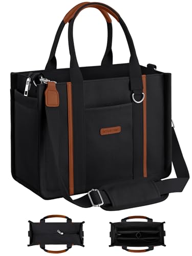 BESBESME Canvas Tote Bag for Women with Zipper & Compartments – Large Multi-Pocket Work Laptop College Tote Purse, Crossbody Shoulder Bag for Teacher, Nurse, Bible Study, Travel Black L