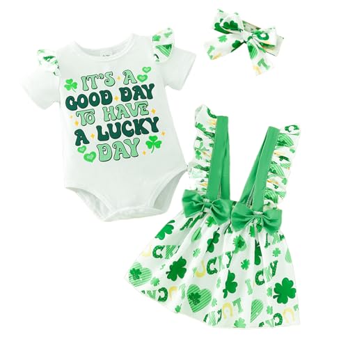 Baby Girls My First St Patricks Day Outfit Green Ruffles Romper Lucky Clover Shamrock Dress Skirt Sets 0-18Months (Green, 0-3 Months)
