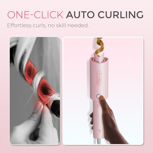 TYMO Automatic Rotating Curling Iron - TYMO CURLPRO Beach Waves Curling Wand, Portable Hair Curler, 500 Million Ionic, Dual Voltage & Lightweight for Travel, Ceramic Coating, 1 Inch, Pink - 1