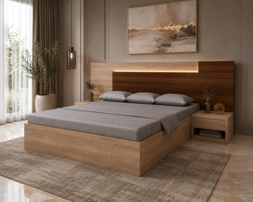Image of King Size Engineered Wood Platform Bed, Ramonda Style | LED Fitted Headboard, Side Tables with Storage, Brown Finish