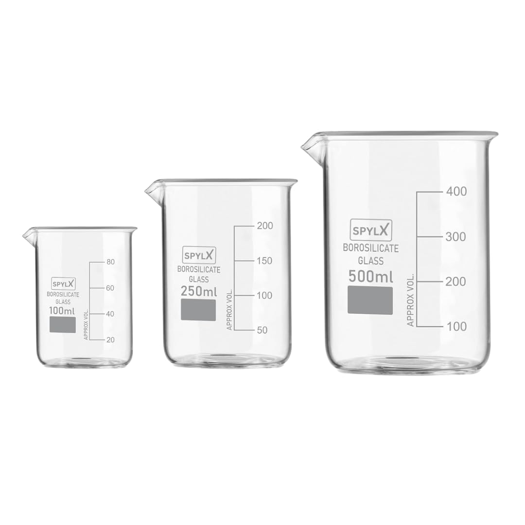 SPYLX Borosilicate Glass Beakers 100 ml, 250 ml, 500 ml, These beakers, Measuring cups is Suitable for mixing, heating, and measuring liquids in labs and classrooms