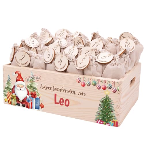 Minihelden - Personalisierter Adventskalender 2025 aus Holz | Nachhaltige Adventskiste zum Befüllen mit Geschenktüten & Holzzahlen | Wiederverwendbare Weihnachtsdeko für Kinder & kleine Entdecker