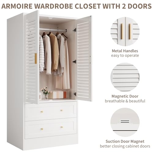 65" Wooden Armoire Wardrobe Closet, Wood Clothing Storage Cabinets with 2 Doors and 2 Drawers, Wooden Wardrobe Closet with Hanging Rod for Bedroom, Cloak Room, Laundry Room, Entrance Hall(White)