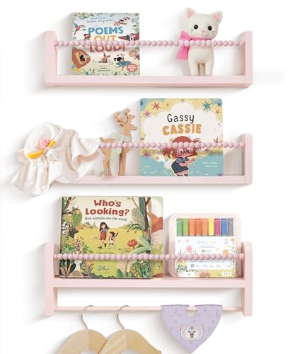Image of Mazjoaru Nursery Book Shelves for Wall Set of 3, Pink Natural Wood Bookshelf Wall Decor, Small Floating Shelf Organizer for Kids Room, Bedroom, Kitchen Spice Rack