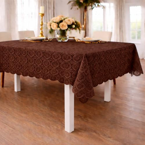 Image of STITCHNEST Cotton Net Table Cover for 2-4 Seater Dining Table | Decorative Lace Design | (40x60 Inch)| Rectangular Center Table Cloth | Brown | Pack of 1