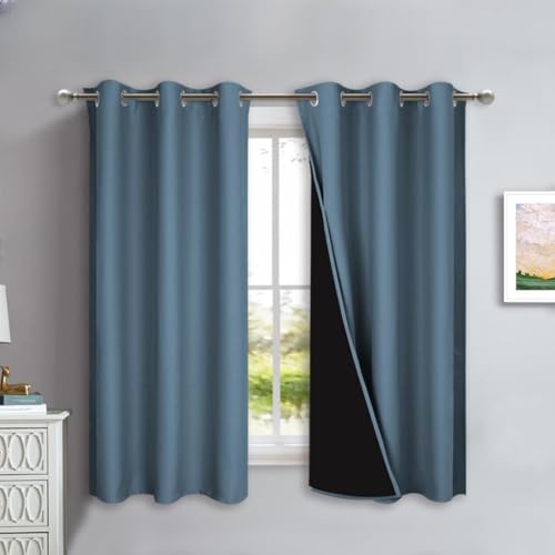 Image of NICETOWN 100% Blackout Lined Curtains, Smoky Blue, 1 Pair, 42 inch Width x 63 inch Length Each Panel, 2 Thick Layers Completely Blackout Window Treatment Panels Thermal Insulated Drapes for Kitchen