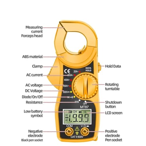 MT87 Multímetro de Pinza Digital Profesional 1999 Cuentas Amperímetro AC Voltímetro NCV Ohm Tester de Alta Precisión (Amarillo) miniatura 5