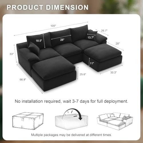 Image of Cloud Sectional Couch, Boneless Couch Modular Sofa, Black | U shaped, Couches for Living Room & Apartments, Deep Seat & Convertible Ottoman, Kid & Pet Friendly, Family Ready