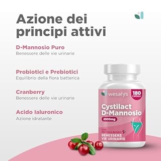 D Mannosio Puro 2000mg | Cistite, CYSTILACT® - 180 CAPSULE con Mirtillo Rosso, Probiotici ed Acido ialuronico | per il benessere delle Vie Urinarie | 100% Vegan, Wesalys