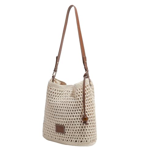 Sac en crochet ajouré beige à fond stable et poches intégrées pour femme