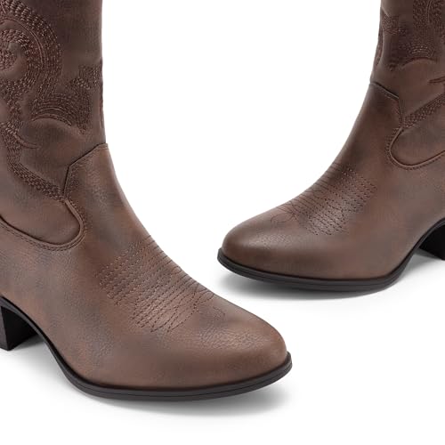 DREAM PAIRS Cowboy Boots for Women, Mid Calf Cowgirl Boots with Embroidery Round Toe Western Chunky Low Heel Shoes,Size 8.5,Brown,DWUMMB2505