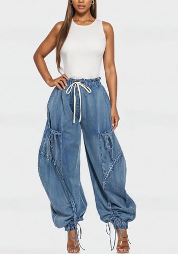 LETSVDO Women's Baggy Cargo Jogger Jeans High Waisted Wide Leg Drawstring Bow Pockets Loose Harem Denim Pant Sweatpants3