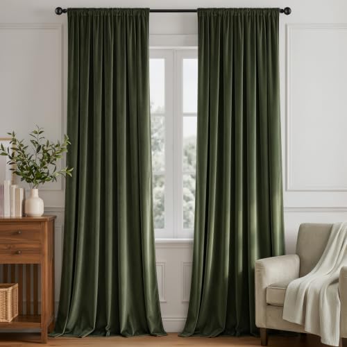 Image of MIULEE Olive Green Blackout Velvet Curtains Drapes 96 Inch Long 52 inchx96 inch | Luxurious Bedroom Living Room Decor, Room Darkening, Thermal Insulated, Rod Pocket Design, Super Soft Fabric