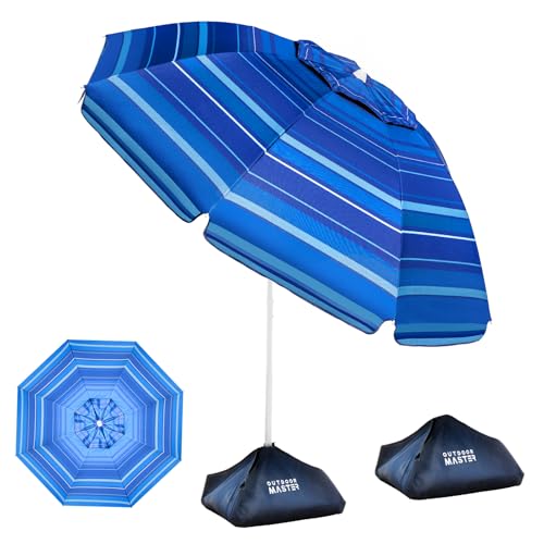 Beach Umbrella - 6.5ft Heavy Duty Windproof Tilt Portable Umbrella with Sand Anchor & Sand Bags UPF 50+ PU Coating with Carry Bag for Patio and Outdoor - Dark Blue Striped