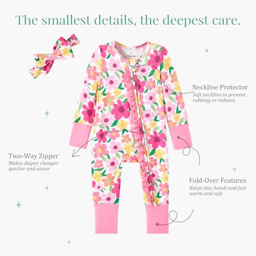 Image of PATPAT Bamboo Viscose Baby Footie with Headband, NB-2T | 2 Way-Zipper, Fold-over mittens and feet, Soft and Breathable, True to size, Stretchy for duration, Comfort in every season