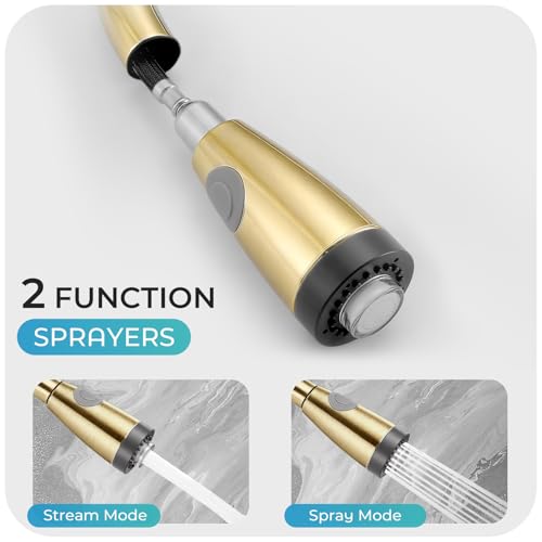 Image of LED Kitchen Faucet with Pull Down Sprayer - Brushed Gold Single Handle Kitchen Faucets, High Arc Stainless Steel Pull Out Kitchen Sink Faucet with Deck for RV Laundry Farmhouse Bar
