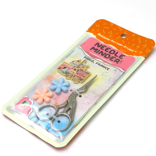Image of Awesome Pattern Studio Needle Minder Set - Paris Magnetic Needle Minder + 2 Needle Threaders + Crane Scissors. Enamel Pin for Cross Stitch, Embroidery and Craft
