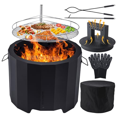 CHANGEMOORE Smokeless Fire Pit 19.6 Triple Burn Outdoor Firepit Stove with Removable Ash Collector Fire Pit with Scald-proof Gloves Wood Burning Fireplace Bonfire for Patio Camping