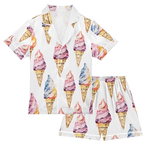 ALAZA Watercolor Ice Cream White Pajamas Satin Pajama Set Short Sleeve Button Down Sleepwear