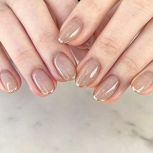 Short Fake Nails Round Glossy Glitter Press On Nails French Tips Gold Acrylic Glue On False Nail Reusable Artificial Full Cover Stick On Nails Diy Manicure For Women Girls #TOP5