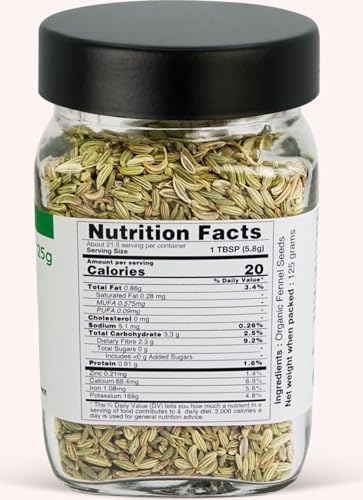 Image of Pure Tree Certified Organic Fennel Seeds | | Glass Jar | Saunf, Variyali | Perumjeerakam Whole Spices Sombu Whole | Fennel Seeds Saunf | Organic Saunf Rich Flavour Sombu - 125 Gm