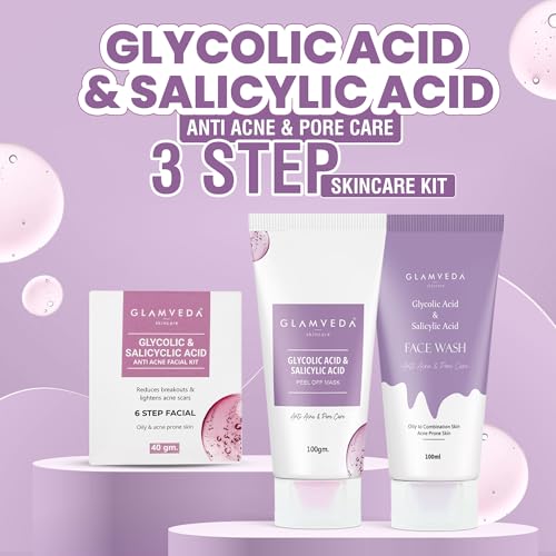 Image of Glamveda 1% ww Glycolic Acid & 1% ww Salicylic Acid Anti-Acne Kit | Reduces Dark Spot & Body Acne | Face Wash + Peel Off Mask + Facial Kit | Skincare Routine for Women & Men