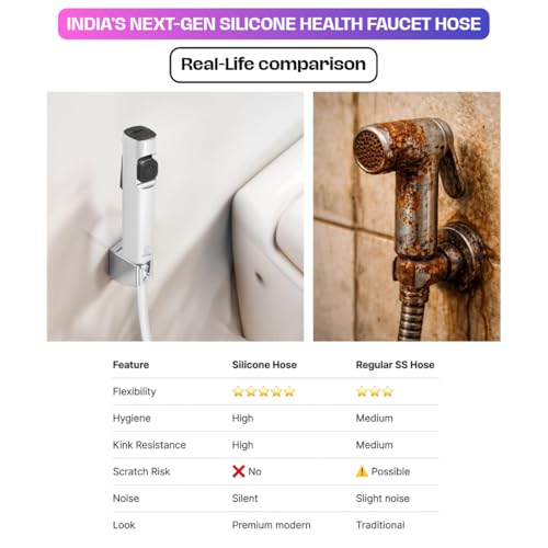 Image of Aura Dual Flow Health Faucet | India's First Silicone Hose with Brass nut | Soft & High Pressure Jet Spray | ABS Rust-Free Toilet Spray (Chrome Finish)