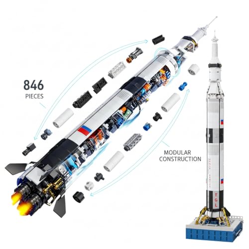Image of SKY LINE OCEAN || Space Saturn V Bundling Block Set with Launch Stand || Translucent Spaceship Model || 846pcs || STEM Toy & Collectible Display for Home Office || 5 Year Structural Warranty