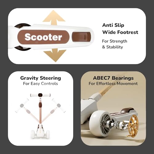 Image of Heega Foldable Kick Scooter for Kids with 4 Level Adjustable Height, PU LED Wheels, Lights and Music for 3+ Years Baby Boy & Girl of Up to 75kg Weight (Cream Gold)