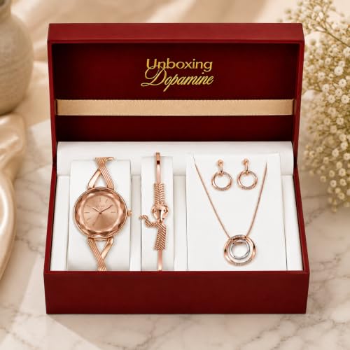 Image of Signature Edit Watch & Jewelry Set for Women | Women's Watch & Jewelry Gift Set, Rose Gold Watch with Bracelet, Necklace & Earrings