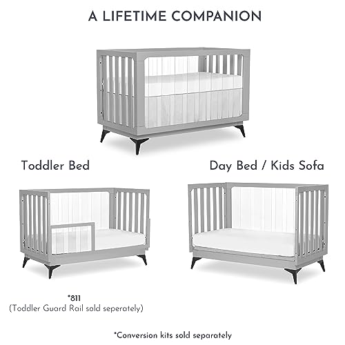 évolur Acrylic Millennium 4-in-1 Convertible Full-Size Baby Crib in Brush Pebble Grey, GreenGuard Gold & JPMA, Modern Design, Clear Acrylic Slats, Converts to Toddler & Day Bed, 3 Mattress Heights