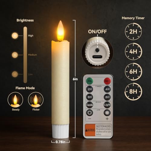 Image of 6 inch Rechargeable Flameless Taper Candles with Remote, Charging Base, 6 Pcs
