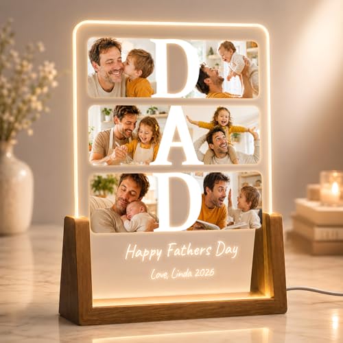 LUCKOR Custom Photo Night Light with Walnut Base Personalized Gift for Dad