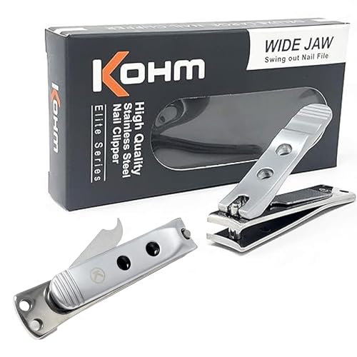 Kohm Curved Blade Edge Nail Clipper with Nail File (Swing Out), SS Wide Jaw Toenail Clippers for Thick Nails, Large Nail Clippers for Men, Seniors, Women