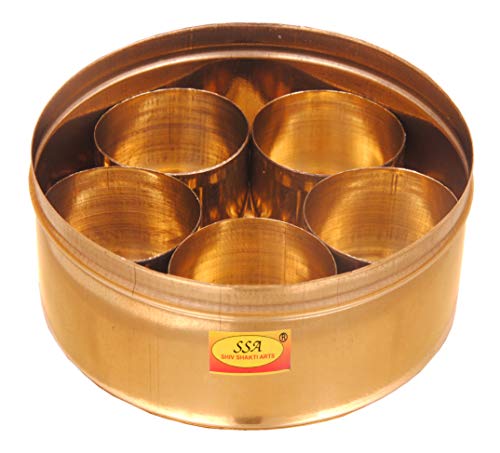 SHIV-SHAKTI-ARTS--Pure-Brass-Mandir-RoliChawalChandanKumkum-Puja-BoxDibbi-with-5-Containers-Small-Diameter-88-cm