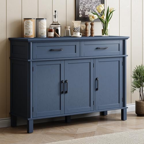 Image of ONBRILL 48 Inch Buffet Cabinet with Storage, Farmhouse Sideboard Buffet w /2 Drawers and 3 Doors, Wood Coffee Bar Cabinet with Adjustable Shelves, Sideboard Storage for Kitchen, Living Room, Blue