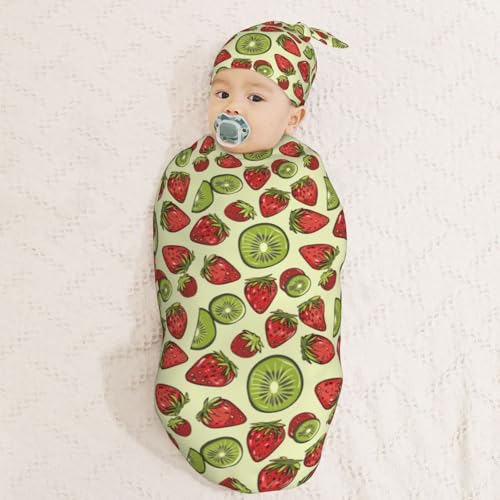 Image of Painting Kiwis and Strawberries Newborn Swaddle Blankets Hat Sets Soft Baby Receiving Blanket Swaddle Sack for Baby Shower Infant Boy Girl Gift