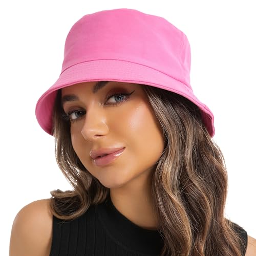 Wheebo Solid Color Bucket Hat for Women Summer Beach Fishmen Hat for Lady Adult Unisex Cotton Cap (Hot Pink)