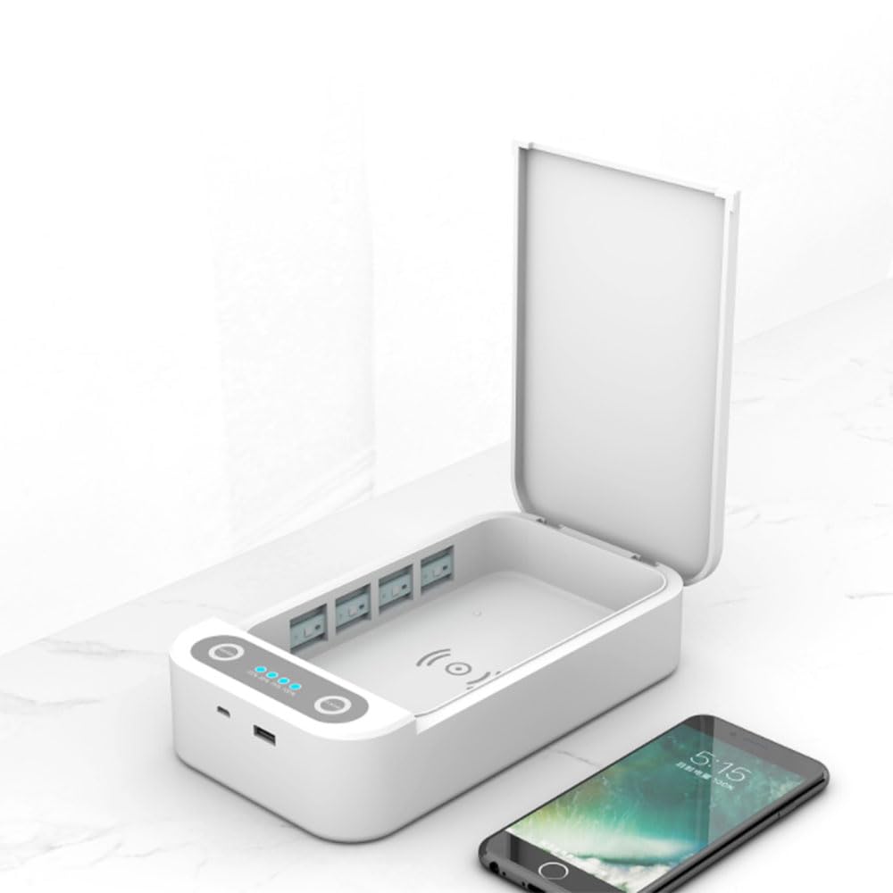 Scatola disinfettante UV per telefono con caricabatterie wireless, uccide batteri e virus, porta di ricarica USB, per maschere telefoniche e gioielli